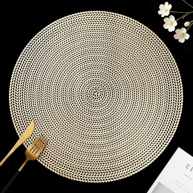 FAVE 4PCS Gold Vinyl Round Placemats, Wheat Sheaf Design 15 Inch Placemats Set of 4 Washable for Dining, Events, Banquet, Home & Daily Use (Gold Wheat,4pcs)