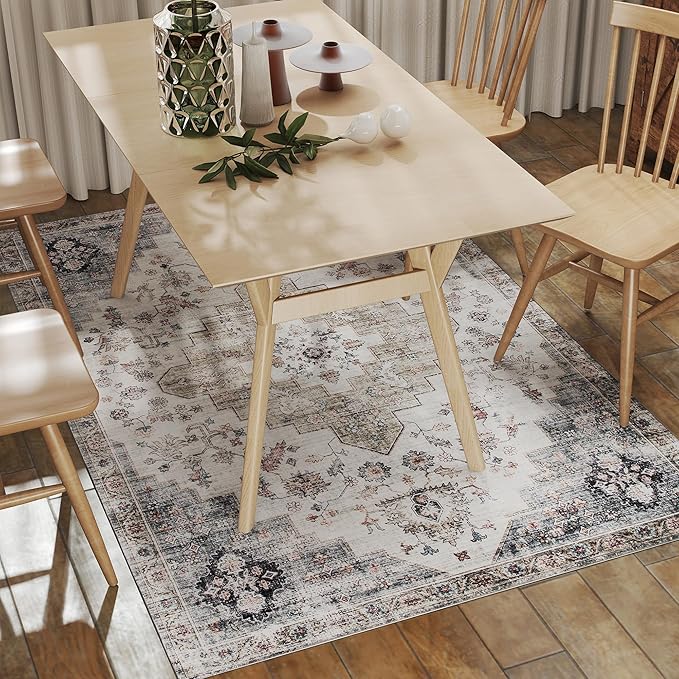 HOMCOM Washable Area Rug, 4'x6' Vintage Indoor Distressed Carpet, Retro Floor Cover Foldable, Floral Print Mat for Living Room, Bedroom, Dining Room, Brown and Green