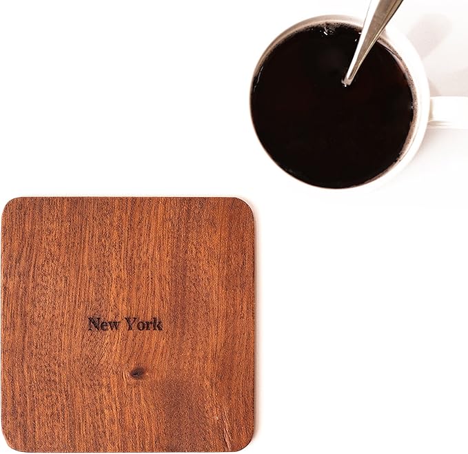 New York Map Coaster by O3 Design Studio, Set Of 4, Sapele Wooden Coaster With City Map, Handmade