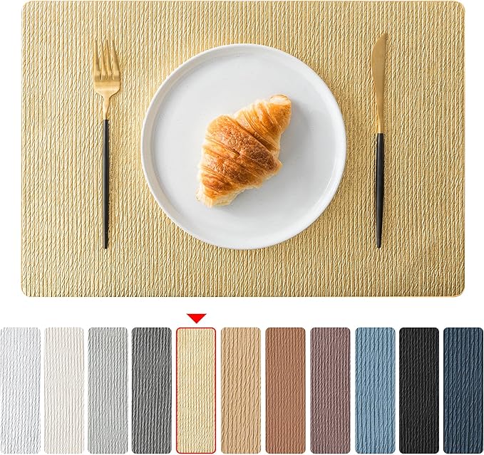 Jovono Faux Leather Placemats Set of 4, Waterproof Washable Table Mats, Easy-Clean Heat Resistant Kitchen Vinyl Place Mat for Dining Table, Wedding, Holidays, Indoor, 17.8"x11.8", Gold