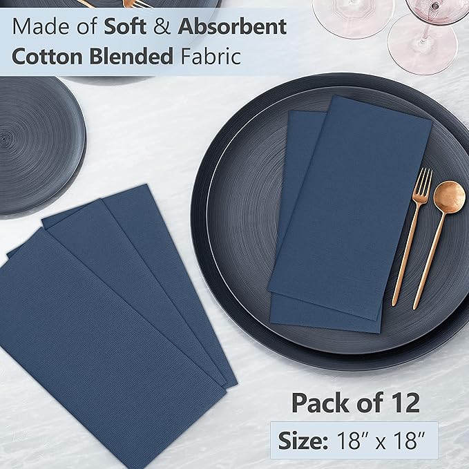 Ruvanti Cloth Napkins Set of 12, 18x18 Inches Napkins Cloth Washable, Soft, Durable, Absorbent, Cotton Blend. Table Dinner Napkins Cloth for Hotel, Lunch, Restaurant, Weddings, Parties -Ocean Blue