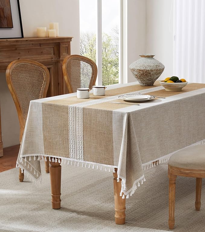 ZeeMart Contrast Linen Table Cloth Square Table Cloths 52x52 Inch Mid-Stripe Brown, Farmhouse Style Heavy Weight Beige Tablecloth, Water Resistant Burlap Tablecloths
