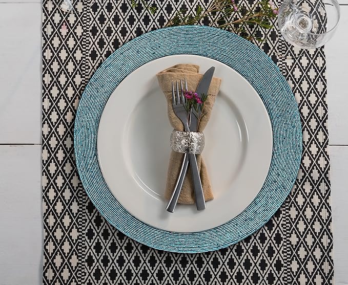 Lightnpro Beaded Placemats Set of 4 - Round Handmade Farmhouse Table Chargers - Decorative Glitz Placemats for Dining Table, Holiday Parties, Wedding, Kitchen & Event Décor - 13 Inch Teal