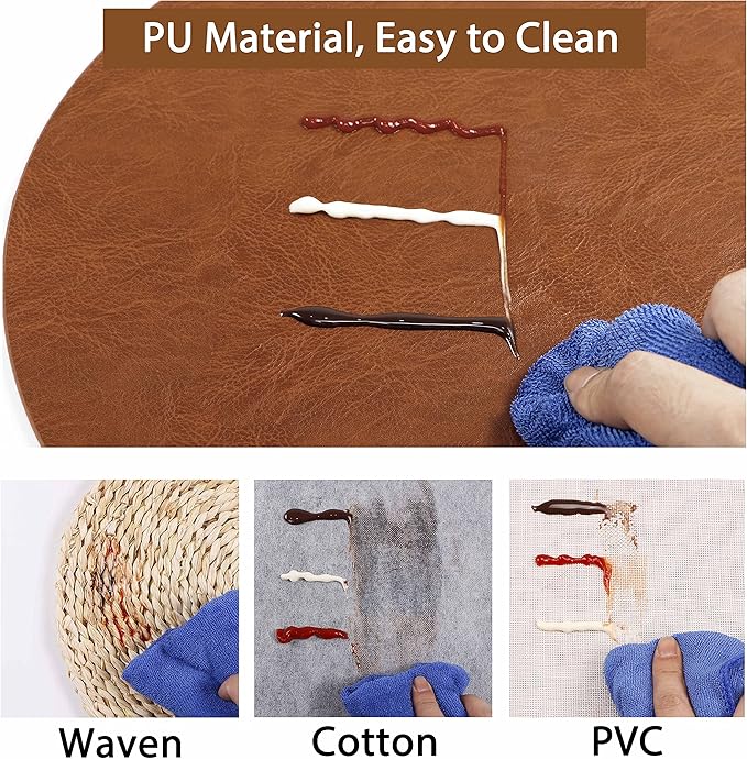 Set of 8 PU Leather Placemats, Waterproof Coffee Coasters, Kitchen Table Mats, Easy to Wipe Off for Dining Round Table