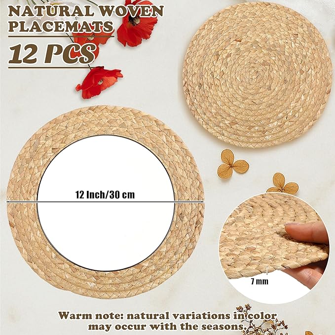 Kochorie Set of 12 Round Woven Placemats 12-Inch Natural Water Hyacinth Plant Placemats Hand-Woven Boho Rattan Placemat Wicker Weave Table Mats for Home Dinner Plates Holiday Supplies