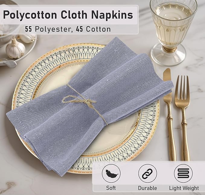 Ruvanti Cloth Napkins Set of 12, 18x18 Reusable Napkins Cloth Washable, Soft & Durable Table Napkin, Poly Cotton Fabric Dinner Napkins for Parties, Christmas, Thanksgiving, Weddings - Steel