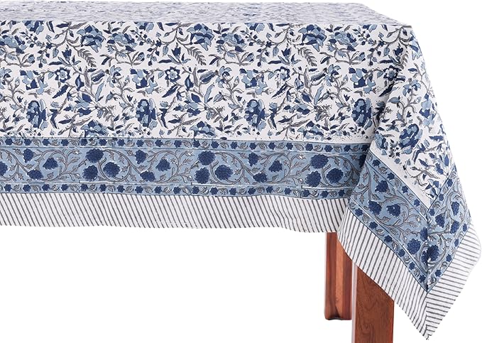 ATOSII Jodhpur Blue 100% Cotton Fall Tablecloth, Handblock Floral Print Rectangle Linen for Kitchen Dining I Parties Wedding Outdoors Holidays I Spring Summer 72 X 120 Inches I 10 Seater Table