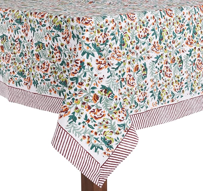 ATOSII Ambrosia Green 100% Cotton Rectangle Fall Tablecloth, Handblock Floral Print Linen Table Cloth for Kitchen Dining I Weddings, Outdoors, Christmas, Thanksgiving 60 X 108 Inches I 8 Seater
