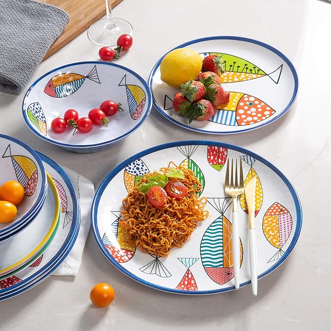 Melamine Dinnerware set for 4, Plates and Bowls Sets, Great for Camper, RV, Indoors Outdoors Use with Ocean Printed, Unbreakable