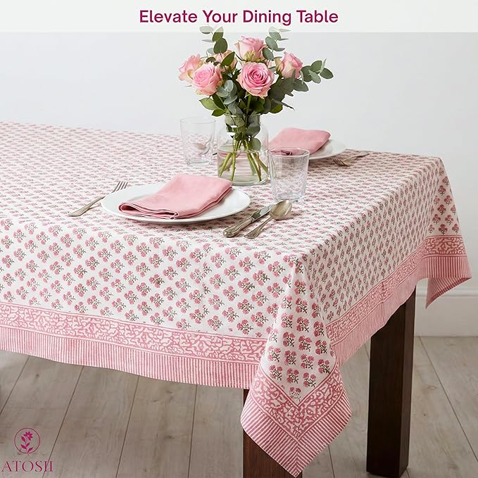ATOSII Gulbahar White Pink 100% Cotton Spring Summer Square Tablecloth, Handblock Print Floral Table Cloth for Kitchen Dining Linen I Weddings, Outdoors, Easter 60 X 60 Inches I 4 Seater