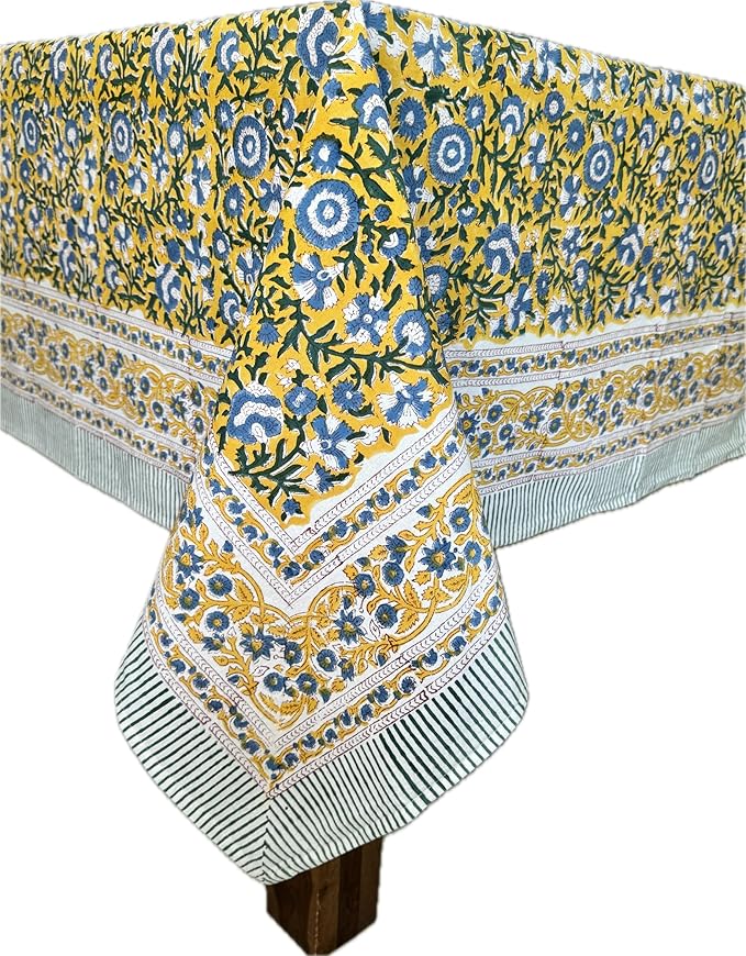 ATOSII Marigold Blue Yellow 100% Cotton Fall Tablecloth, Handblock Print Rectangle Table Cover for Kitchen Dining Linen I Parties, Weddings, Outdoors, Easter Table Decor 60 X 108 Inches I 8 Seater