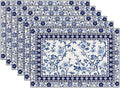 Blue White Floral Placemats Set of 6, Chinoiserie Flower Linen Place Mat Washable Stain Resistant Table Mats for Farmhouse Kitchen Dining 12x18 Inch
