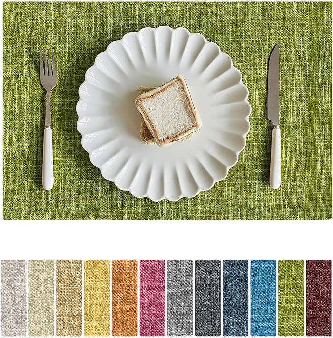 Softalker Faux Linen Placemats Set of 12-12 x 18 Inch, Heat Resistant Double Layered Durable Burlap Farmhouse Place Mats, Non-Slip Washable Rustic Table Mats for Dining, Kitchen, Party（Lime Green