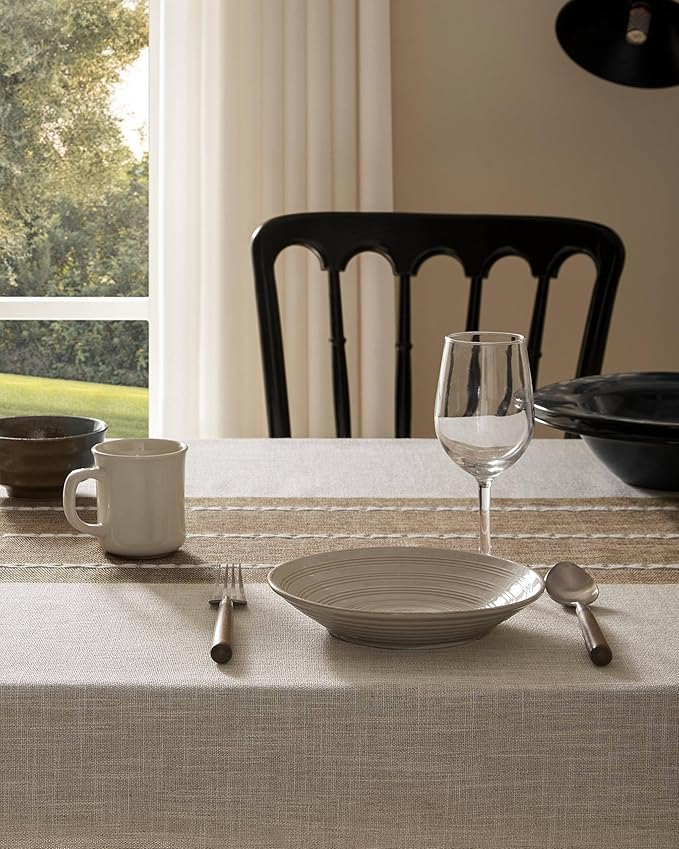 ZeeMart Contrast Linen Table Cloth Rectangle Table Cloths 60x120 Inch Brown, Farmhouse Style Heavy Weight Beige Tablecloth, Water Resistant Burlap Tablecloths