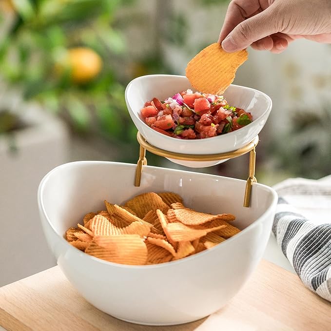 YHOSSEUN Chip and Dip Serving Set 2 Tiered Chip Dip Bowls with Metal Rack for Appetizer, Snacks - Large Chip Bowl 45 oz Small Dip Bowl 7 oz-Serving Bowls for Party, Food Dispaly - Gold Stand