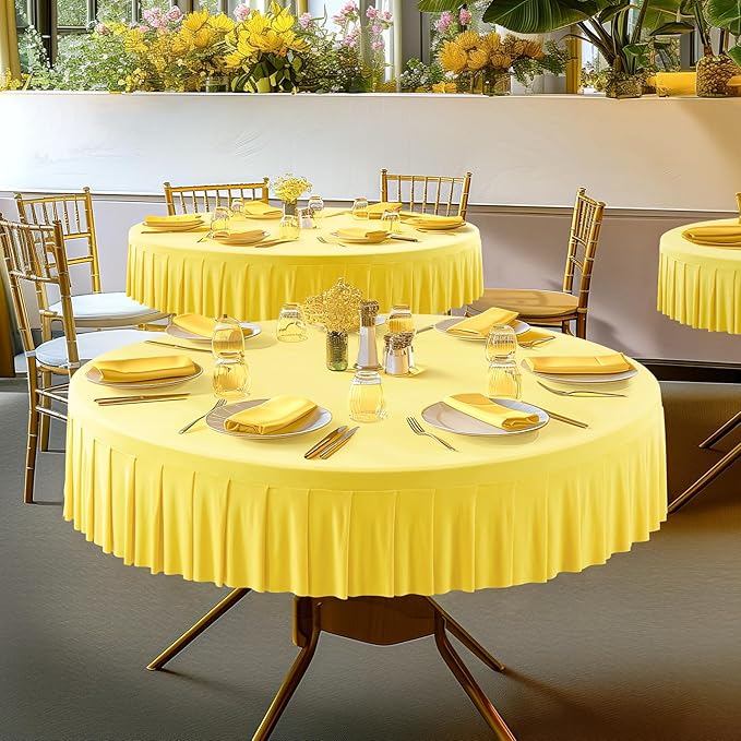 6 Pack Yellow Spandex Round Tablecloths for 60 inch Tables, Stretchy Fitted 5FT Round Table Cloths with Skirt for Wedding Party Dining Banquet
