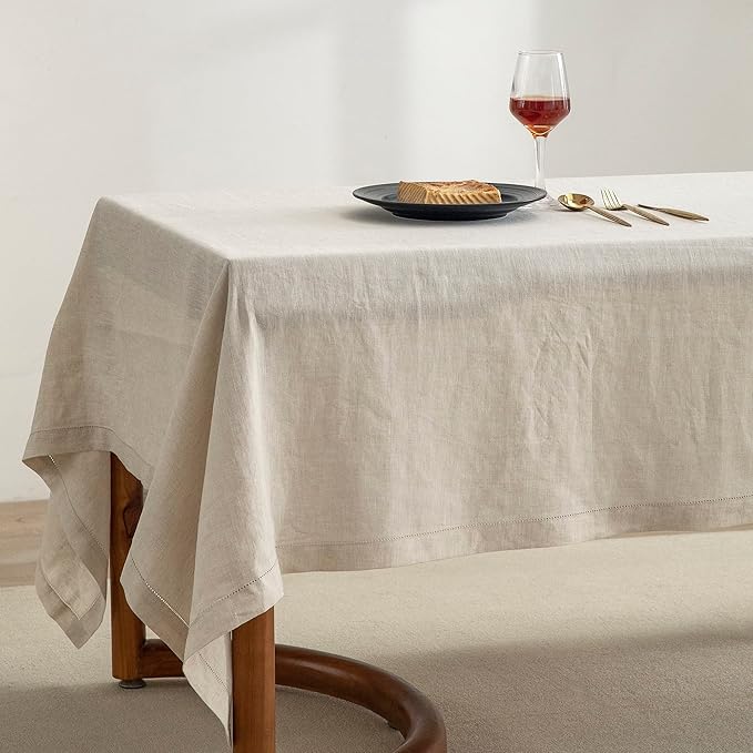 EVERLY Pure Linen Hemstitch Tablecloth,100% Stonewashed French Linen tablecloths for Kitchen Dining Rectangle Tables,60x84Inch Machine Washable Christmas Thanksgiving Organic Tablecloth-Natural Linen