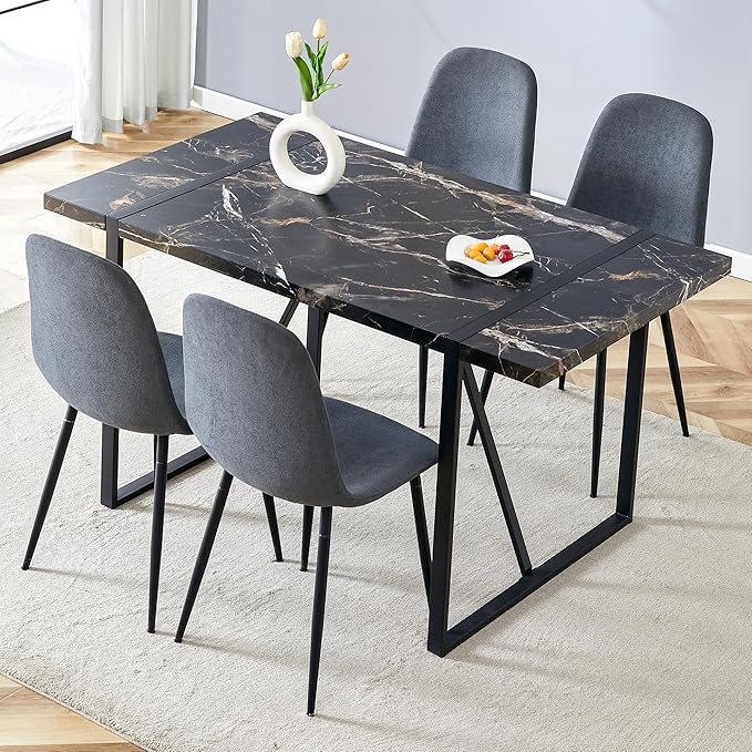 Dining Table Set for 4,Modern Rectangle Dining Table and Fabric Dining Chairs 4, 5 Piece Kitchen Table and Chairs for 4