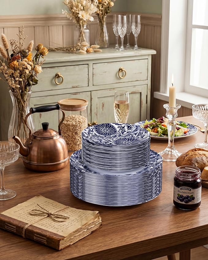 Hioasis 60pcs Plastic Disposable Plates Set - Blue Dandelion & Blue Leaf Pattern, 10.25 Dinner & 7.5 Dessert Plates for Wedding,Anniversary,Party and Holiday