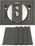 D'Moksha Homes Linen Placemats Set of 4 - Classic Hemstitch Charcoal Grey Placemats 14 x 19 Inch - 100% Pure Linen Table Mats for Spring, Easter - Handcrafted and Machine Washable