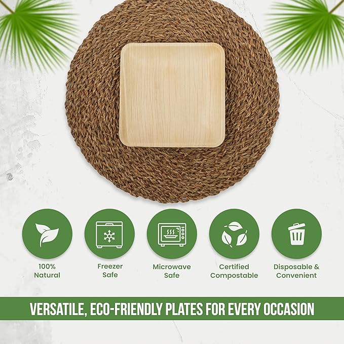Palm Leaf Plates 10 Inch & 7 Inch (50-Pack), Square Bamboo Plates Disposable, Eco-Friendly, Biodegradable & Compostable Bamboo Appetizer Plates, Perfect Dinnerware for Desserts, Snacks, & Parties
