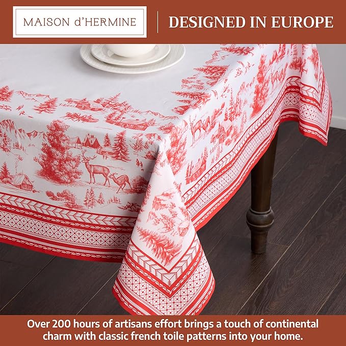 Maison d' Hermine Table Cloth Rectangle Table 100% Cotton 60 x 120 Inches Fall Tablecloth Reusable Everyday Use for Thanksgiving Christmas Decorations Dining Farmhouse Party (Winter Jouy)
