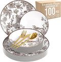 Trendables Fancy Plastic Dinnerware Sets 100 Pc Set 20 Guests Gold Silverware Disposable 20 X 10 Inch Charger Plates 20 X 8 Inch Dessert Plates 20 x Gold Plastic Forks and Spoons Knives In Rustik