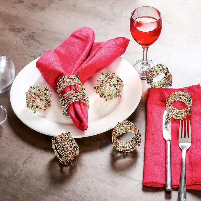 Gold Red Green Beaded Napkin Ring Set of 12 - Beautiful Elegant Decorative Napkin Holder for Christmas/Dinner Table Decoration/Farmhouse/Wedding/Party/Family Gathering/New Year & Everyday Use