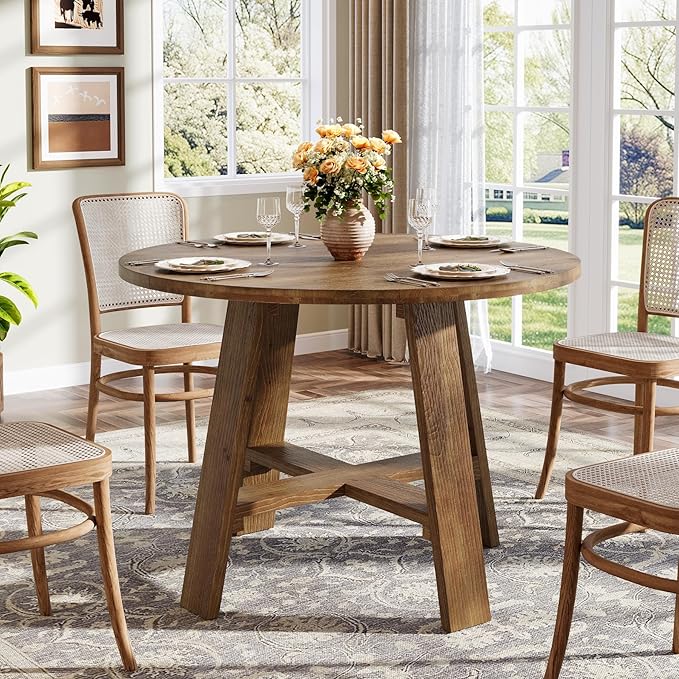 39.4" Round Dining Table for 2–4 People, Solid Wood Farmhouse Kitchen Table with Natural Wood Grain for Dining Room, Rustic Brown
