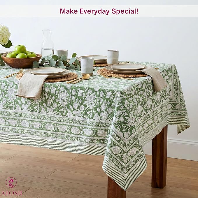 ATOSII Meraki Green 100% Cotton Spring Summer Tablecloth, Block Print Rectangle Table Cover - Dining, Parties, Outdoors, Weddings, Grand Millennial Decor 60 X 60 Inches I 4 Seater I