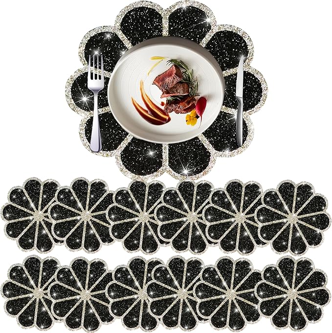 Washable Waterproof Diamond Circle Placemats for Round Tablescape Decor for Dinner and Kitchen Bling Placemats for Weddings & Special Events (Black)-12PCS