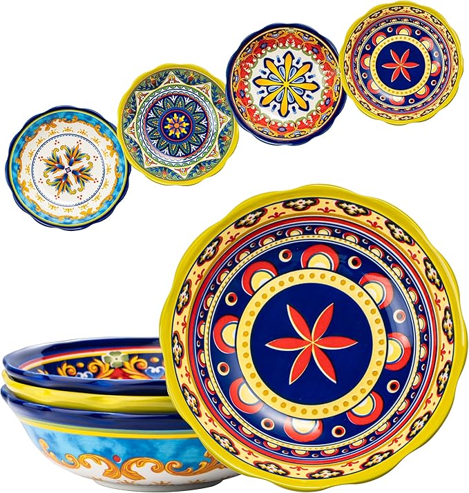 UNICASA Ceramic Pasta Bowls Set, 27 oz Cereal Bowls Set of 4, Porcelain Colorful Bowls for Salad, Soup, Noodle, Boho Style, Dishwasher & Microwave Safe