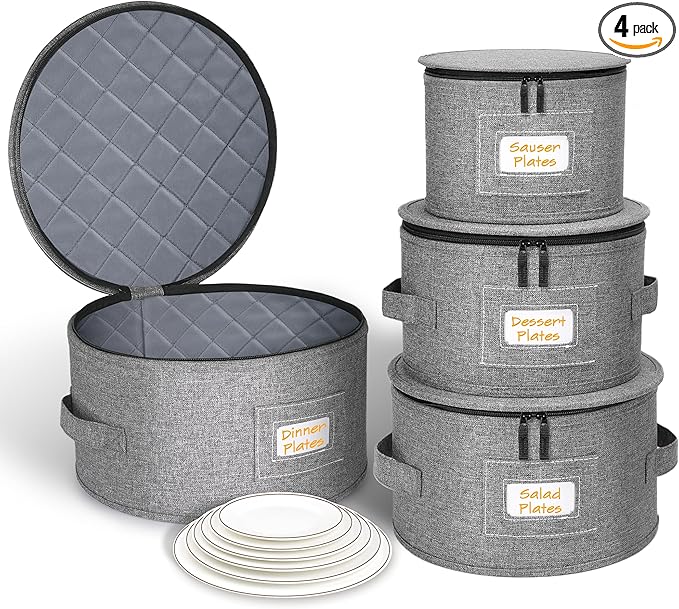 punemi China Storage Containers, Dish Storage w/Hard Shell Top Side Bottom Support & Felt Dividers for Charger Plates Dinnerware, Perfect for Moving Supplies, 4 set Stackable Fine China Storage, Gray