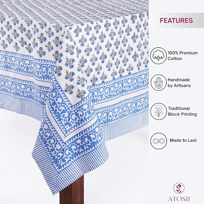 ATOSII Gulbahar Blue 100% Cotton Fall Rectangle Tablecloth, Handblock Print Floral Table Cloth for Kitchen Dining Linen I Thanksgiving Christmas Weddings Outdoors I 72 X 108 Inches I 8 Seater