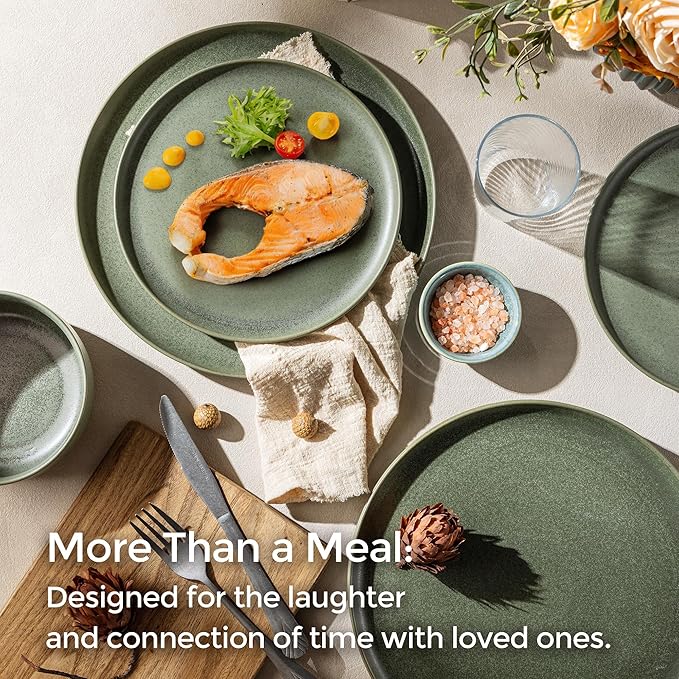 LERATIO Stoneware Dinnerware Sets for 4,Handcarft Ceramic Plates and Bowls Sets,Chip and Scratch Resistant Dishes, Dishwasher & Microwave Safe, Oven safe,Reactive Glaze-Green