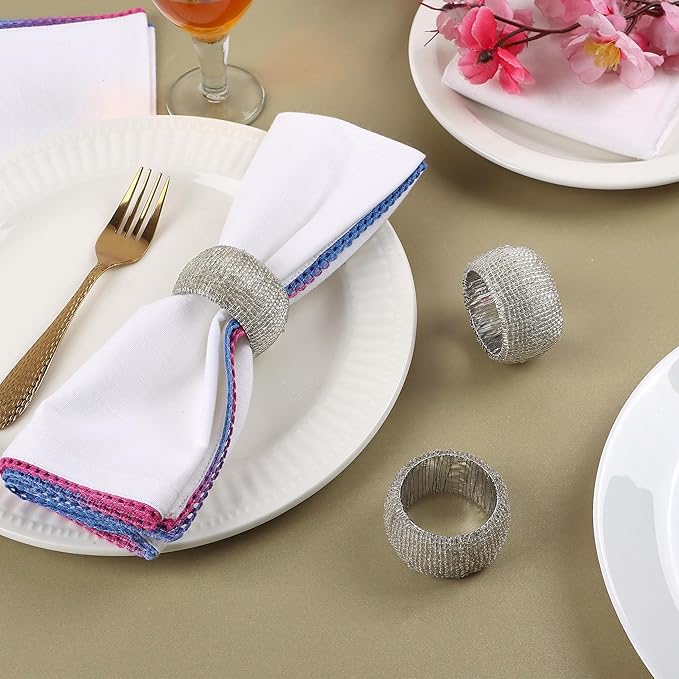 ALPHA Living HOME Beaded Napkin Rings Set of 12- Beaded Napkin Holders for Christmas, Thanksgiving, Holiday Party, Dinner PartyWeddings, Parties, Family Gatherings, and Table Décor - Silver