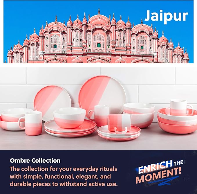 Ombre Cereal Bowls in Jaipur Pink - 34 oz - For Soup, Dessert, Noodle, Salad, Snacks, Serving - Ceramic Porcelain Bowl Set of 4 - Ombre Dinnerware Collection