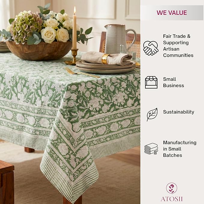 ATOSII Meraki Green 100% Cotton Spring Summer Tablecloth, Block Print Rectangle Table Cover - Dining, Parties, Outdoors, Weddings, Grand Millennial Decor 60 X 60 Inches I 4 Seater I