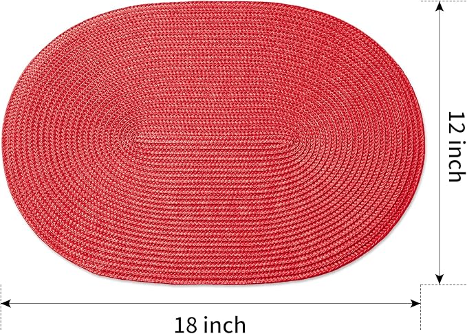 FunWheat Oval Braided Placemats Set of 8 Table Mats for Dining Tables Washable Heat Resistant Place Mats for Indoor Outdoor Use 12 x18 Inch(Oval Red, 8pcs)