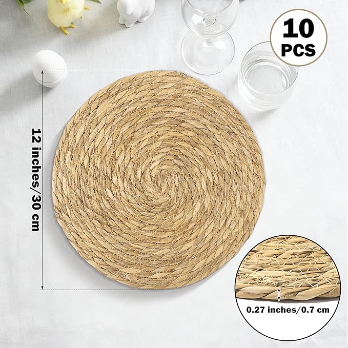 Elcoho 10 Pieces Round Woven Placemats 12 Inch Boho Rattan Placemats Farmhouse Braided Place Mats Woven Plate Chargers Rustic Wicker Table Mats for Dining Table