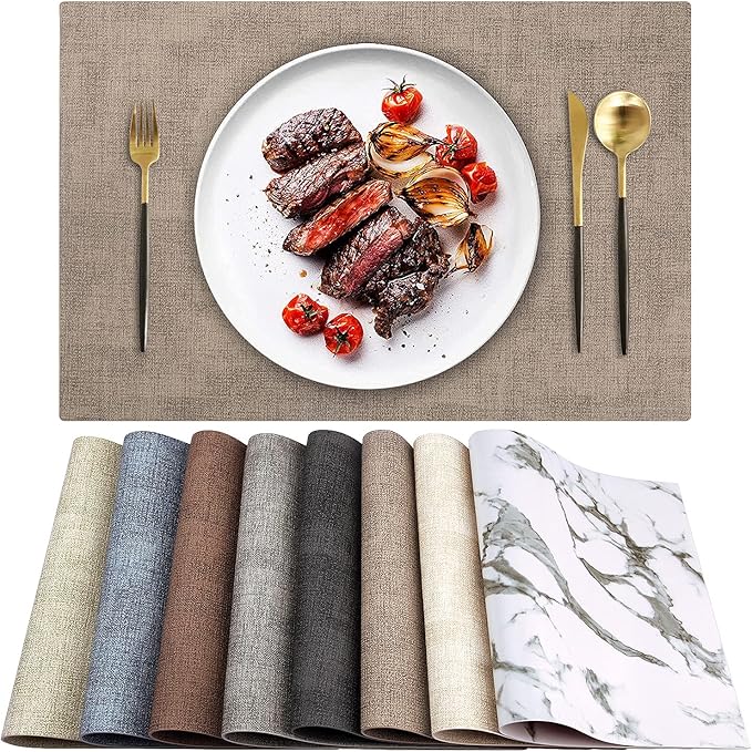 Leather Heat Resistant Placemats Set of 6 Waterproof Wipeable Washable PU Table Mats,Easy to Clean Anti-Slip Place Mats (Light Brown, 6)
