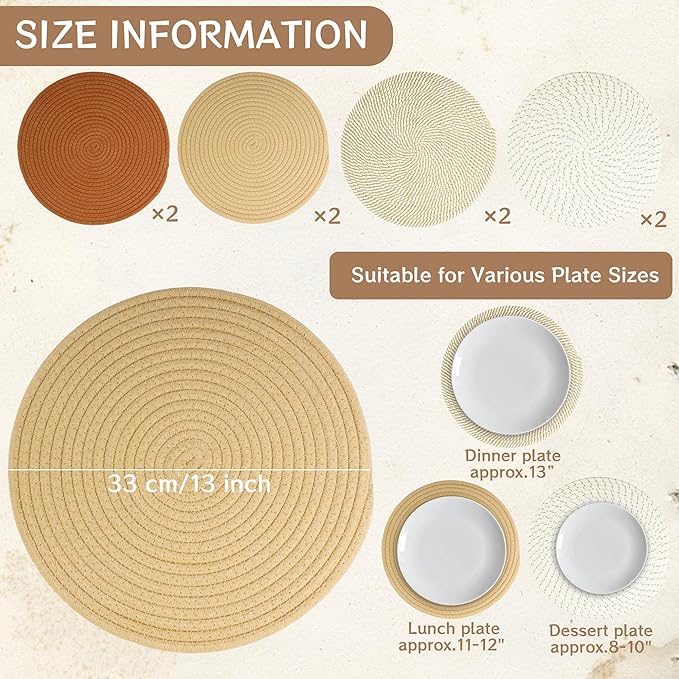 Kochorie Set of 8 Round Woven Cotton Placemats, 13 Inch Boho Table Mats for Kitchen and Dining Table, Farmhouse Heat Resistant Washable Trivets, Fall Thanksgiving Christmas Décor (Mixed Brown)