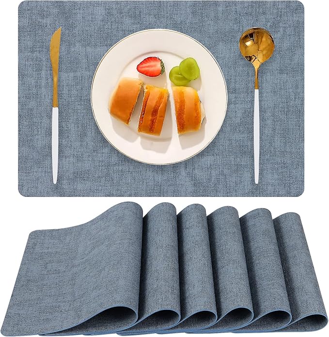 Faux Leather Placemats Set of 6, Heat Resistant Wipeable Washable Vinyl Place Mats, Waterproof Anti-Slip Dining Table Mats, Suitable for Indoor & Outdoor Use (Blue)