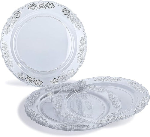 " OCCASIONS " 240 Plates Pack,(120 Guests) Vintage Wedding Party Disposable Plastic Plates Set-120x10.25'' Dinner +120x7.5'' Salad/Dessert Plate (Portofino Clear & Silver)