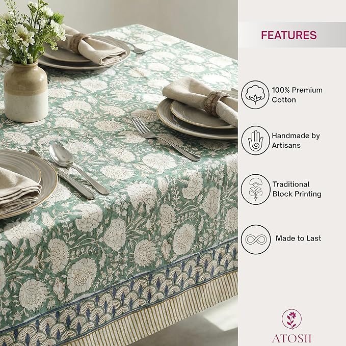 ATOSII Jade 100% Cotton Rectangle Boho Fall Tablecloth, Handblock Floral Table Cloth Linen for Kitchen Dining I Parties Wedding Outdoors Thanksgiving Easter Picnics I 72 X 108 Inches I 8 Seater