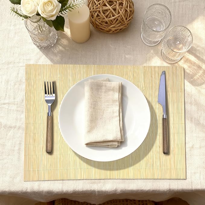 4-Pack Bamboo Placemats,Woven Heat-Resistant Rectangular Table Mats, Natural Dining Place Mats, Rustic Japanese Style Wood Mats for Indoor Dining, Kitchen and Party Use, Beige