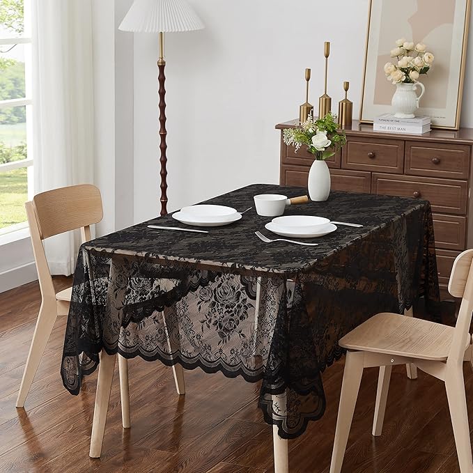 Warm Home Designs 54 x 72 Lace Tablecloth. Black Rectangle Tablecloth with English Rose Design. Rustic Table Cover for 6-8 Guests. LTC Black 72"