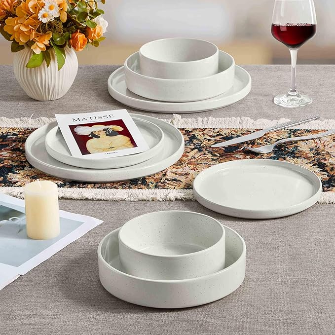 Herogo 8 Piece Dinnerware Sets with Pasta Bowls for 2, Dinner Salad Plates and Cereal Serving Bowls, Stoneware Dishes Dinner Ware for Kitchen Dining, Chip & Scratch Resistant Dishware, Speckled White