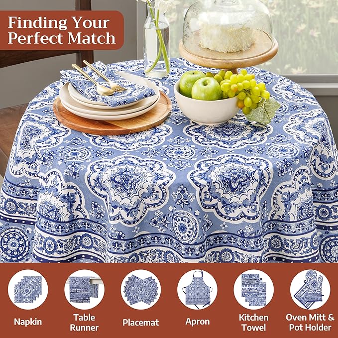Maison d' Hermine Table Cloth Round Table 100% Cotton 63 Round Inches Tablecloth Reusable Decorative for Dining Room Farmhouse Home Valentines Day Decorations Spring Summer - Melodie Bleue