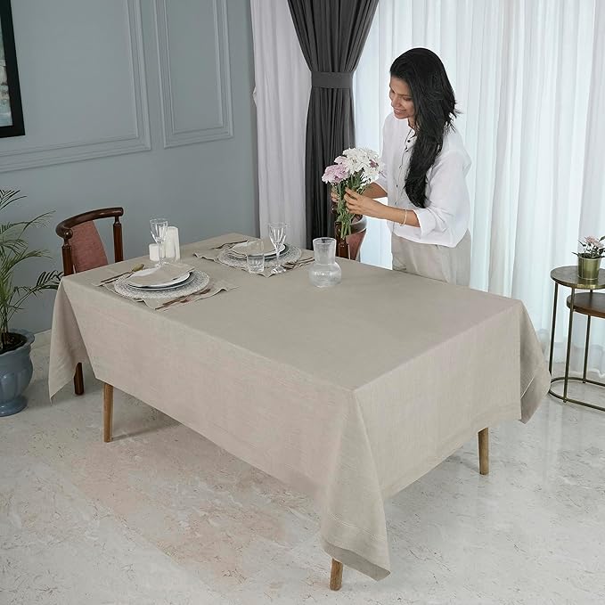 D'Moksha Homes Natural Linen Tablecloth for Rectangle Tables 60 x 84 Inch - Classic Hemstitch 100% Pure Linen Natural Table Cloth - Machine Washable Dining Tablecloth for Valentines, Spring, Easter